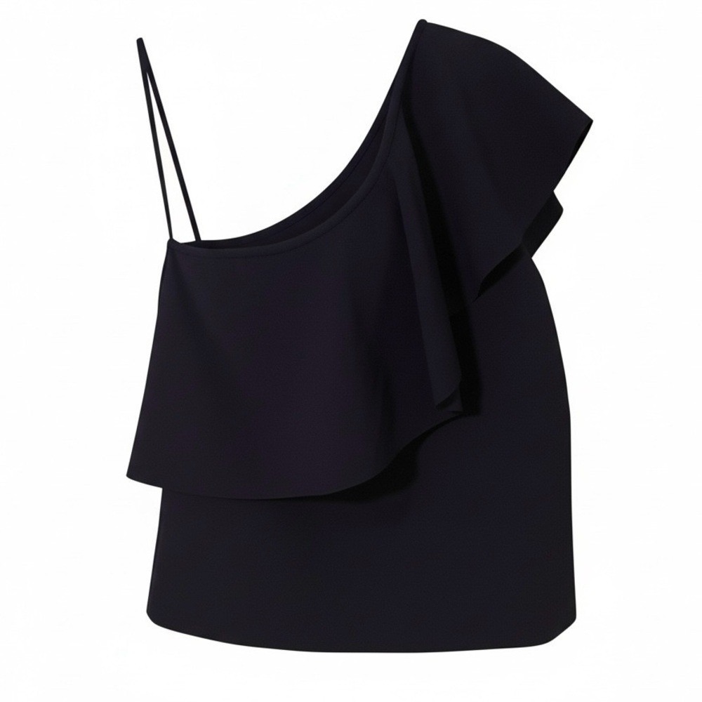 Milly Women's Navy One‎ Shoulder Ruffle Flounce Top Size L